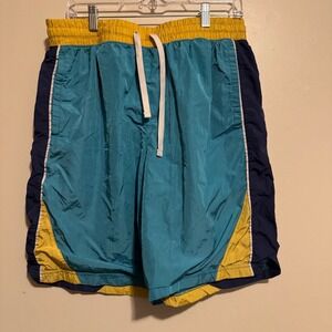Vintage Xersion Color Block Swim‎ Trunks Shorts Teal Yellow Navy Mens